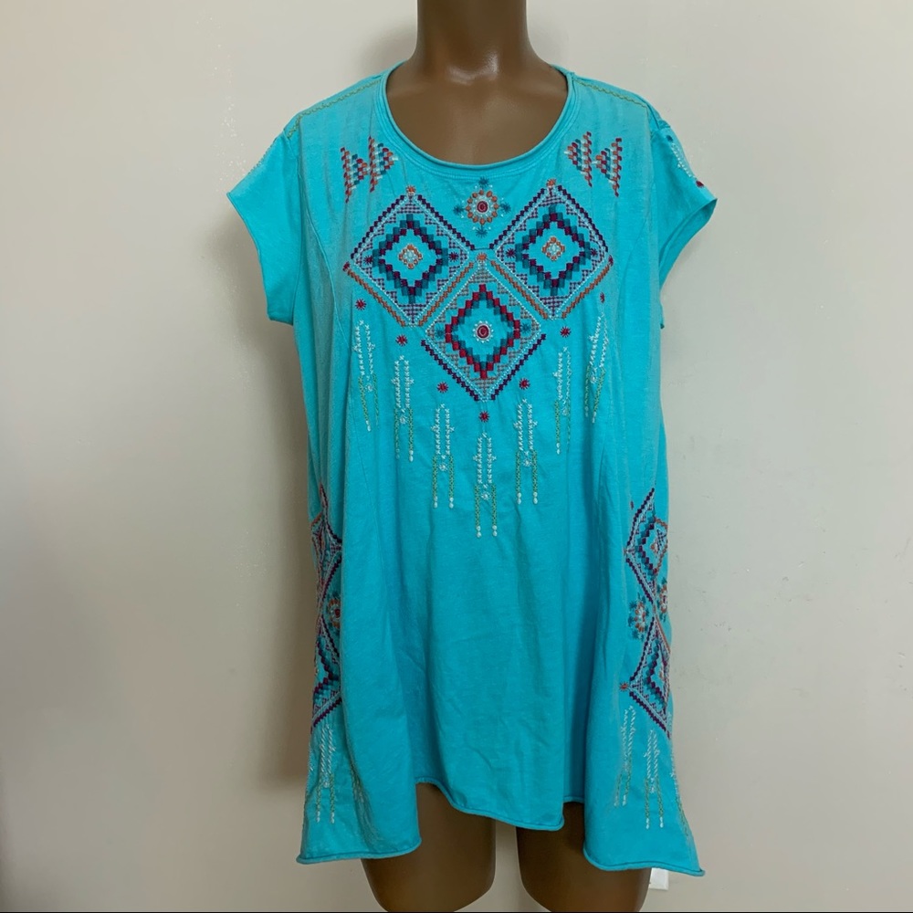 JW JOHNNY WAS Turquoise Blue AZTEC Embroidered BOHO Oversize TUNIC Top SHIRT  S